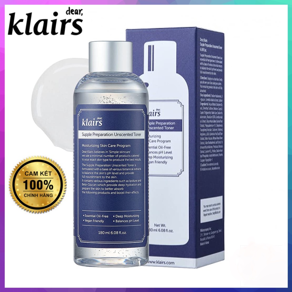 Nước Hoa Hồng Không Mùi Dear Klairs Dưỡng Ẩm Da Và Làm Mềm Da - 180ml .