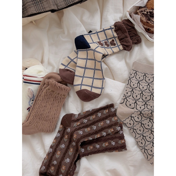 Set 9 Tất nữ Muzini vớ cổ cao tone nâu tây phong cách vintage đáng yêu nhiều mẫu TN61