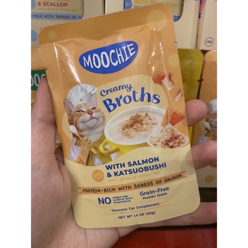 Pate Moochie Creamy Broths dạng thịt & nước xương hầm cho mèo gói 40g