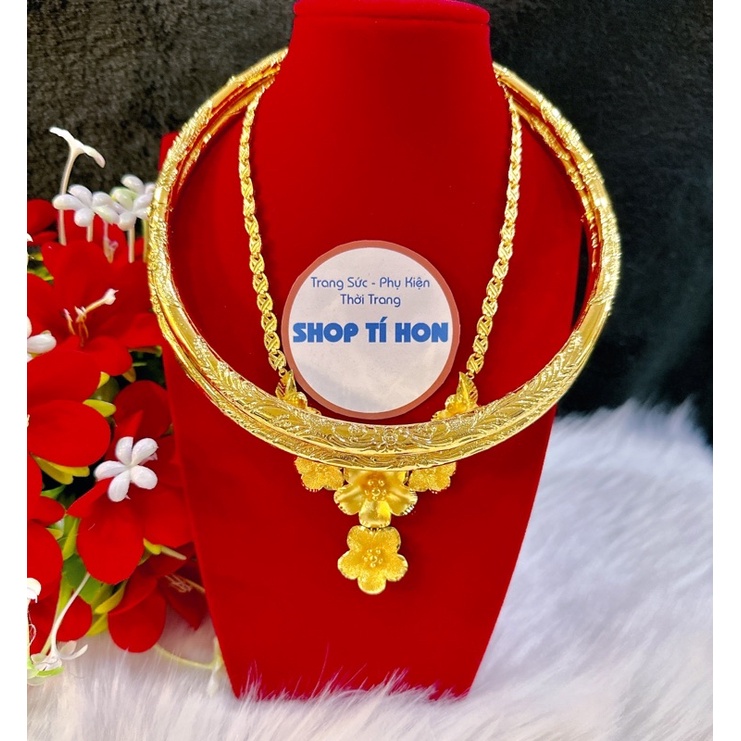 Set 1 dây chuyền hoa mai 2 kiềng dẹp mạ vàng 24 cao cấp mẫu mới cực đẹp ( có tặng hộp nhung đỏ đựng cưới )