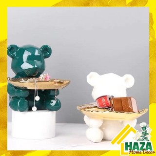 Tượng gấu bằng sứ cầm khay đựng đồ màu xanh, trắng trang trí nhà cửa [Haza Home Decor]