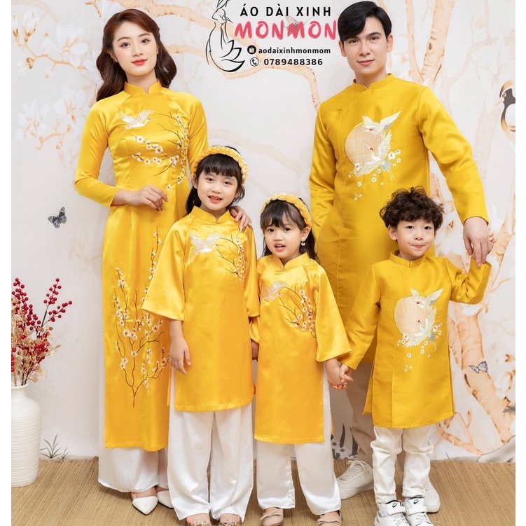 Áo dài cách tân gia đình YẾN XUÂN VÀNG, áo dài tết màu vàng cho gia đình, áo dài lụa trân và taffeta áo dài gia đình tết