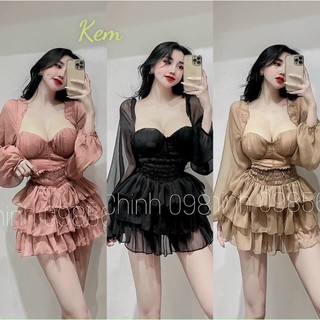 Set áo cổ vuông tay phồng cúp ngực kèm chân váy tầng dáng ngắn