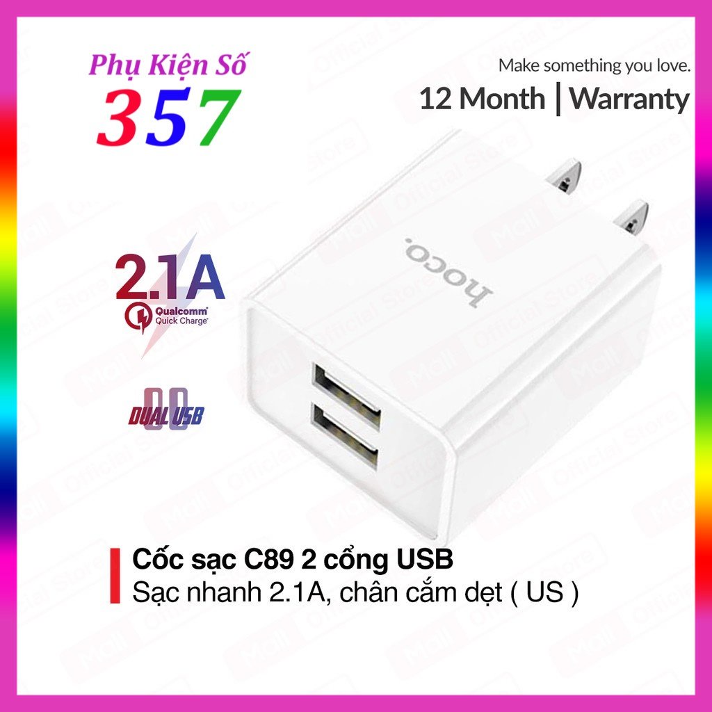 Củ sạc Hoco C89 2 cổng USB, sạc nhanh 2.1A Max, thích hợp với nhiều dòng điện thoại, chân cắm tiêu chuẩn US
