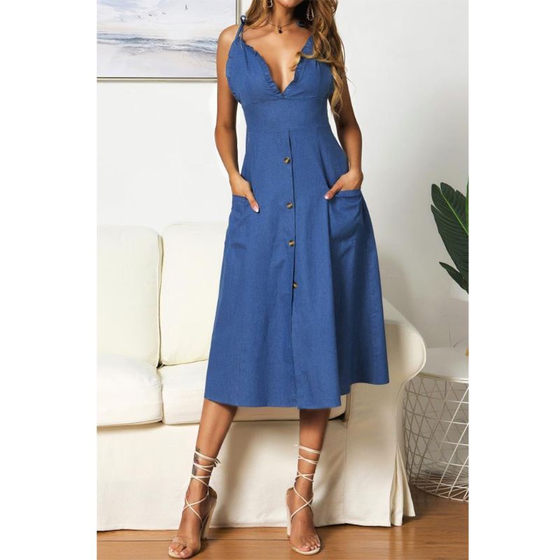 Xiangbao Đầm Midi Phối Bèo Nhún Cổ Chữ V Có Túi Phối Nút Thời Trang Đi Biển Mùa Hè Cho Nữ