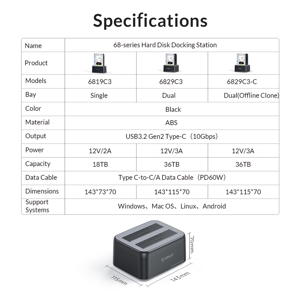 Đế Gắn Ổ Cứng Ngoài ORICO USB 3.0 SATA I / II / III Cho 2.5 / 3.5in HDD SSD / Chức Năng Sao Chép 18TB Hỗ Trợ 6829