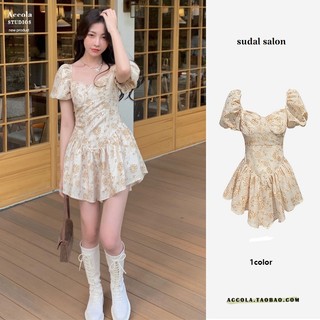 Đầm Hoa Cổ Vuông Tay Phồng Ngắn Thời Trang Pháp Quý Phái Dành Cho Nữ