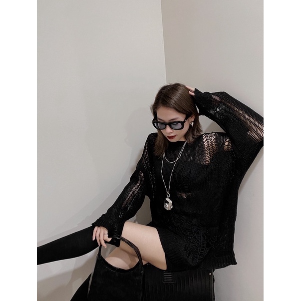 Áo Len Rách Hot Trend 2022 Áo Lưới Thu Đông Cá Tính