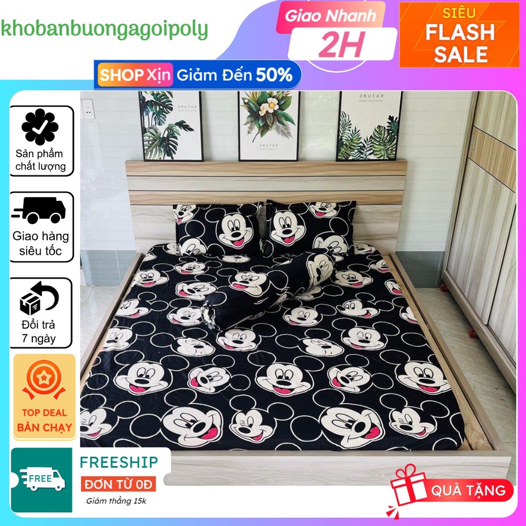 Bộ ga gối kèm vỏ gối ôm vải siêu đẹp kích thước 1m2 1m6, mẫu mickey đen