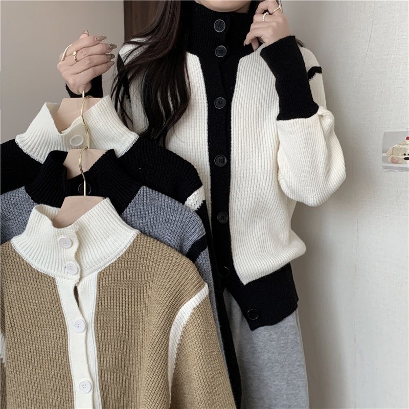 Áo Khoác Cardigan Dệt Kim Dáng Rộng Cổ Cao Màu Sắc Tương Phản Phong Cách Hàn Quốc
