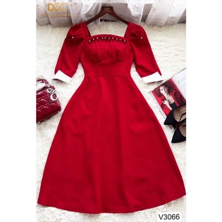 [12.12 Sales Freeship] Đầm cotton lạnh màu đỏ cổ vuông đính cườm tay lửng, đầm xòe dáng dài cổ nhún ngực thanh lịch dx