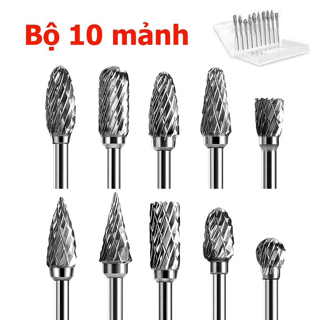BỘ 10 MŨI MÀI KHẮC LÀM LŨA GỖ, KIM LOẠI BẰNG THÉP HỢP KIM