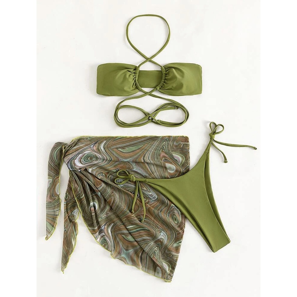 Bộ Đồ Bơi Bikini Ba Mảnh Dạng Váy Ngắn Phối Lưới Dây Rút Thời Trang Dành Cho Nữ