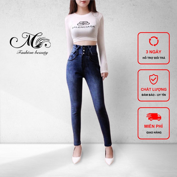 Quần jean skinny nữ Xanh Đậm bigsize 3 cúc lưng cao đai chéo vải cao cấp trơn dài co giãn
