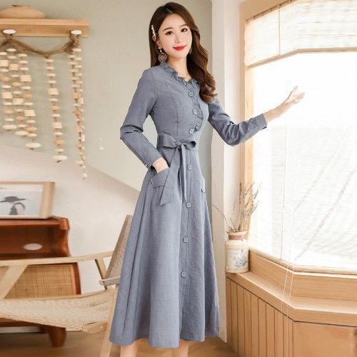 Đầm Lanh Cotton Tay Dài Ôm Eo Thời Trang Mùa Xuân 2022