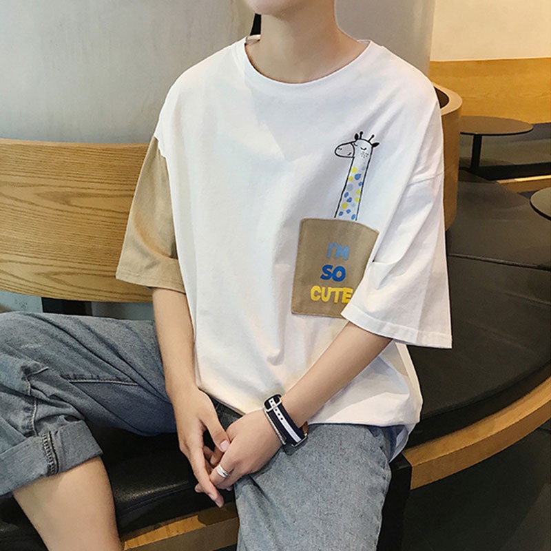 Áo Thun Tay Ngắn Cổ Tròn Dáng Rộng In Họa Tiết Màu Sắc Tương Phản Thời Trang Mùa Hè Cho Nam