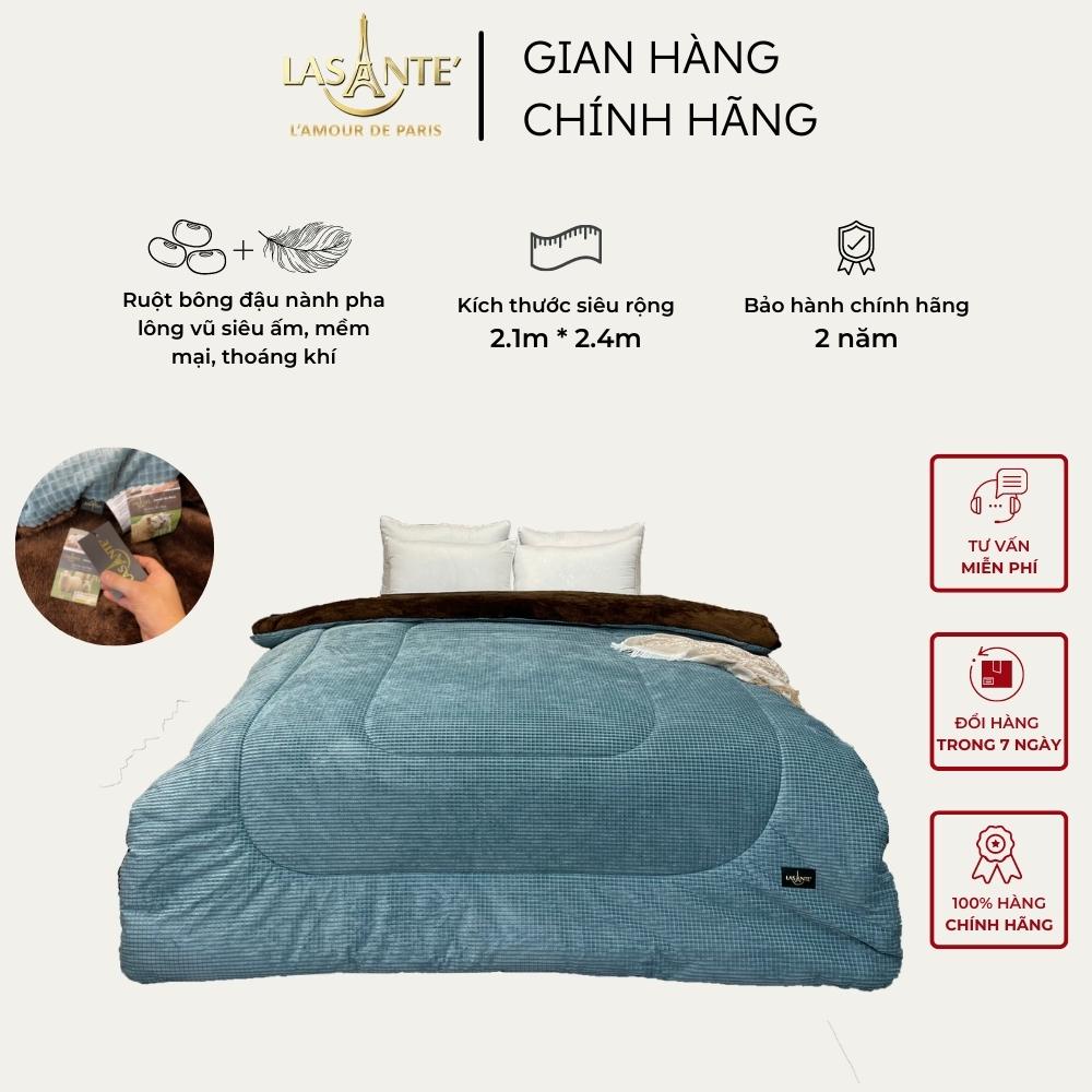 Chăn mền lông cừu Lasante' cao cấp phong cách Pháp 3 lớp dày dặn màu Victoria lam anh siêu rộng 1m6x2m2, 2.1x2.4m