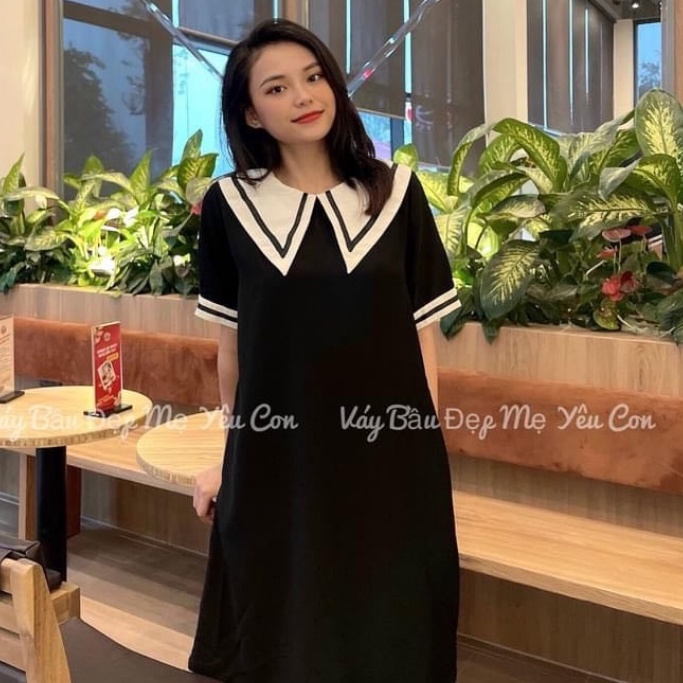 Váy bầu bigsize -Đầm bầu thiết kế GuMe CỔ TAM GIÁC VIỀN ĐEN chất vải tuyết mưa size từ 40-100kg MB249