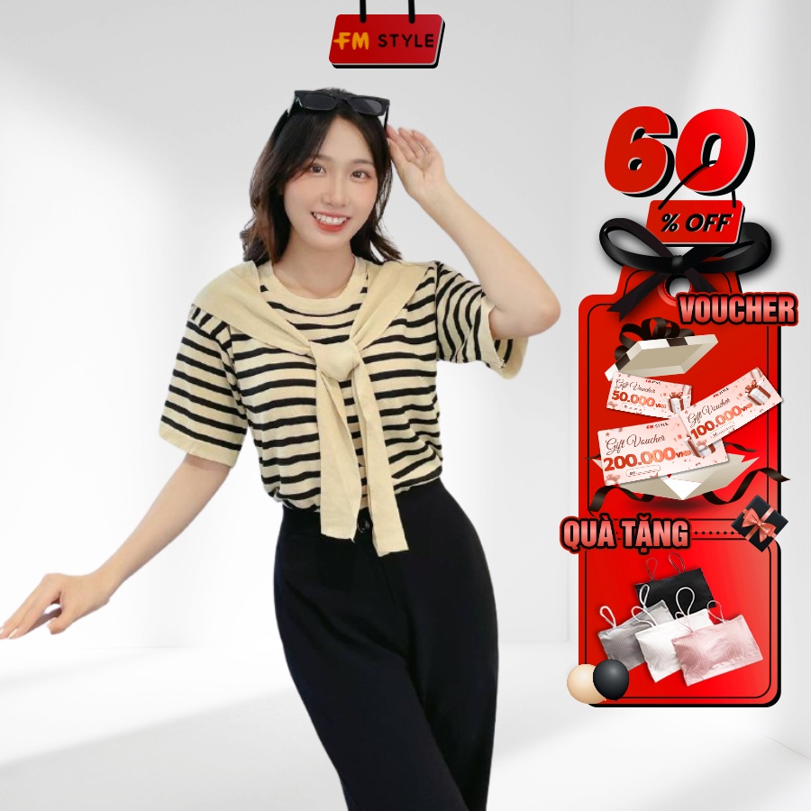 Áo cardigan nữ FM Style tay ngắn cổ tròn hoạ tiết sọc ngang kiểu thủy thủ thời trang phong cách Hàn Quốc 209050096