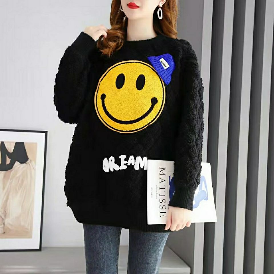 Áo Sweater Dệt Kim Thêu Hình Mặt Cười Phong Cách Hàn Quốc Thời Trang Thu Đông Hàng Mới