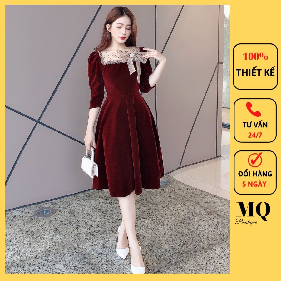 Váy nhung xòe nữ ngực phối voan chấm bi nơ đính tay lỡ bồng dự tiệc cao cấp, đầm nhung thiết kế MQ Boutique cao cấp