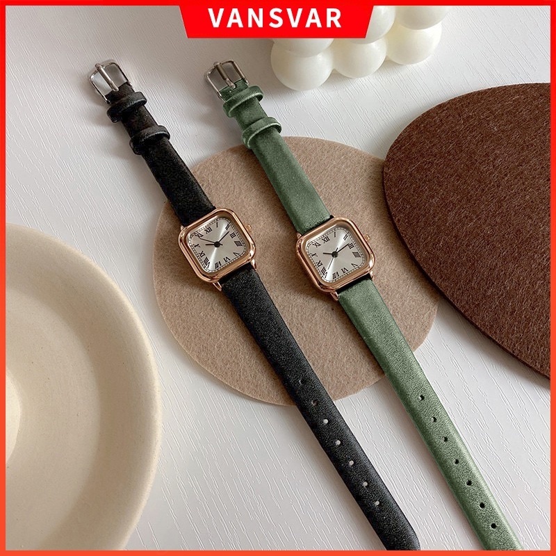 Đồng Hồ Đeo Tay Máy Quartz Mặt Vuông Nhỏ Dây Da Phong Cách Retro Cho Nữ