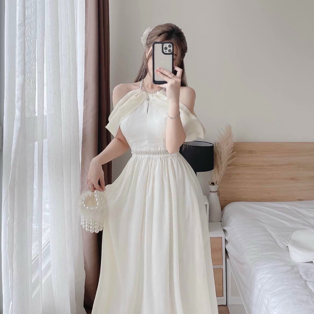 Váy đầm nữ tiểu thư dây cổ ngọc sang chảnh họa tiết trễ vai trẻ trung phối voan chingfon cườm ngọc eo quý phái dự tiệc