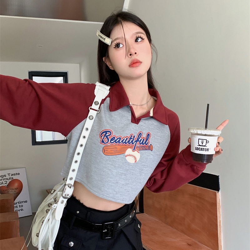 IELGY  Áo Croptop Tay Dài In Chữ Thời Trang Dành Cho Nữ