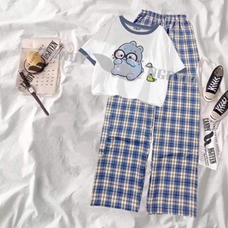 áo thun croptop viền xanh khủng long quả dâu + quần kẻ caro xanh lá ống rộng