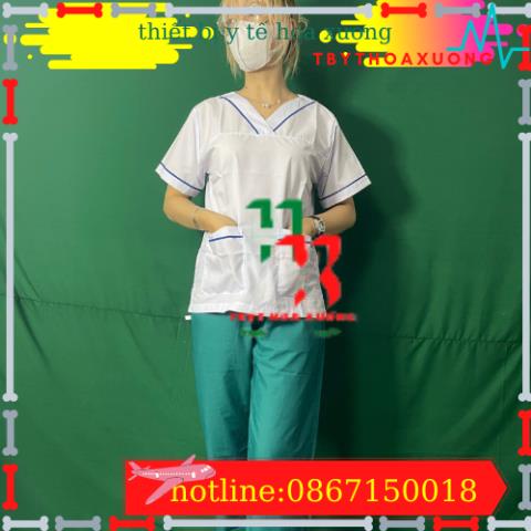 Bộ blouse cổ tim viền XANH DƯƠNG nam nữ cộc tay - bộ scrubs kỹ thuật viên cho điều dưỡng, dược sỹ, y tá, bác sĩ