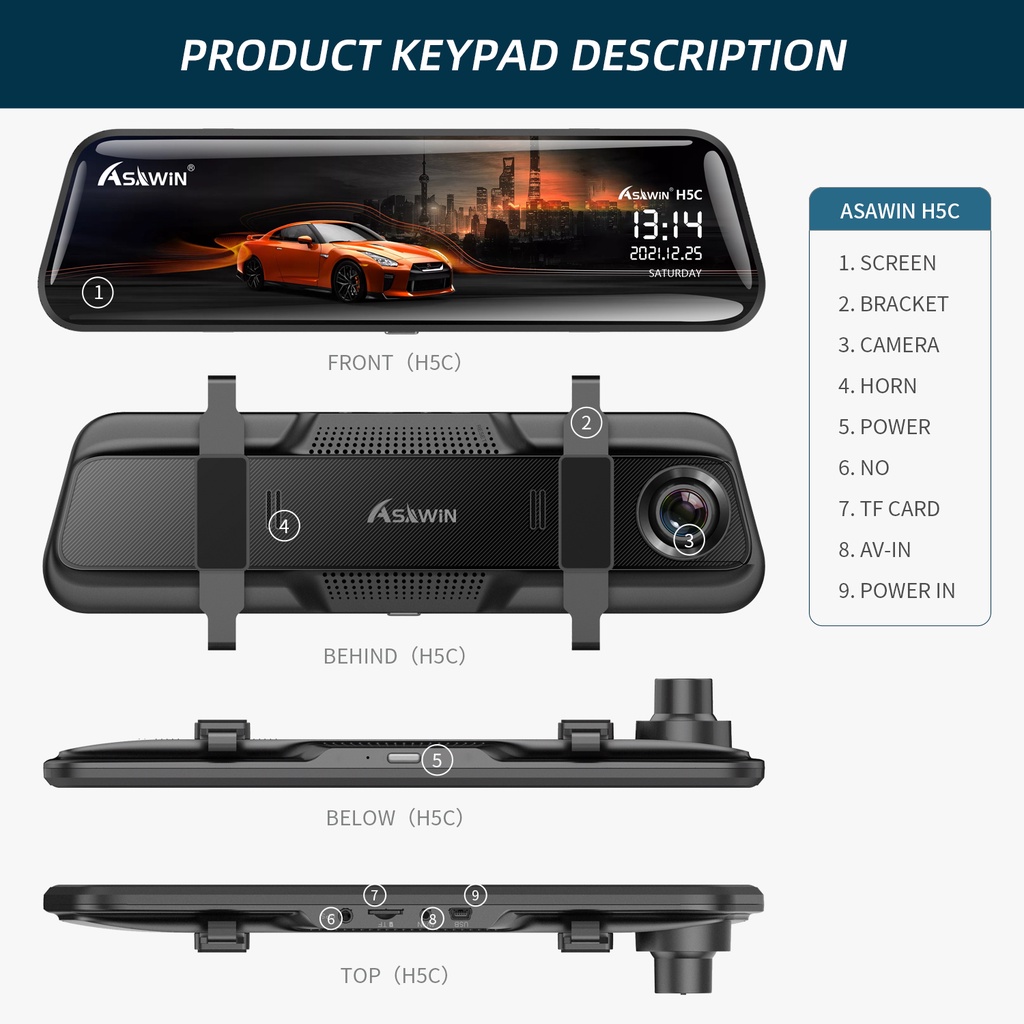Asawin H5C 10 inch Gương chiếu hậu Camera hành trình Trước và sau Dành cho Camera DVR ô tô Ống kính kép Toàn màn hình IPS cảm ứng Chế độ đỗ xe 24 giờ | BigBuy360 - bigbuy360.vn