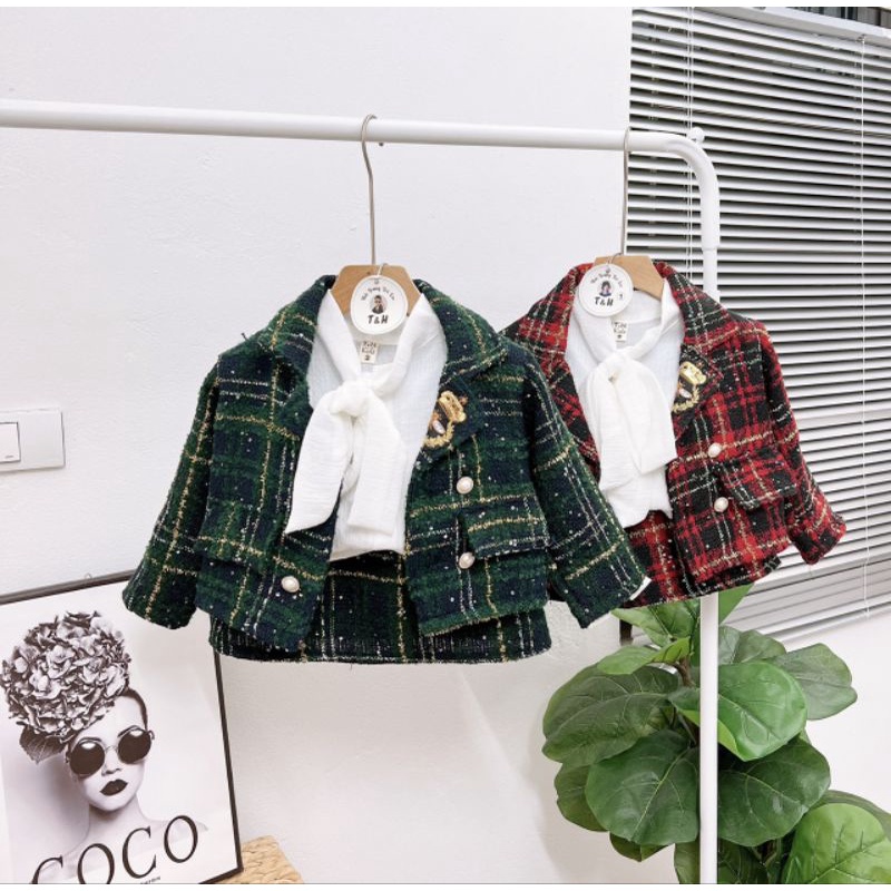 Set dạ xịn cao cấp kèm áo somi nơ tiểu thư bé gái