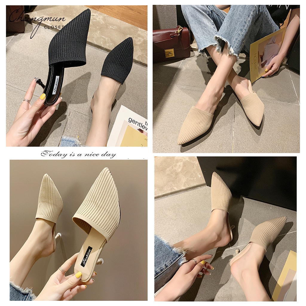 Guốc len cao gót mũi nhọn Changmun Closet Giày cao gót đế 7cm