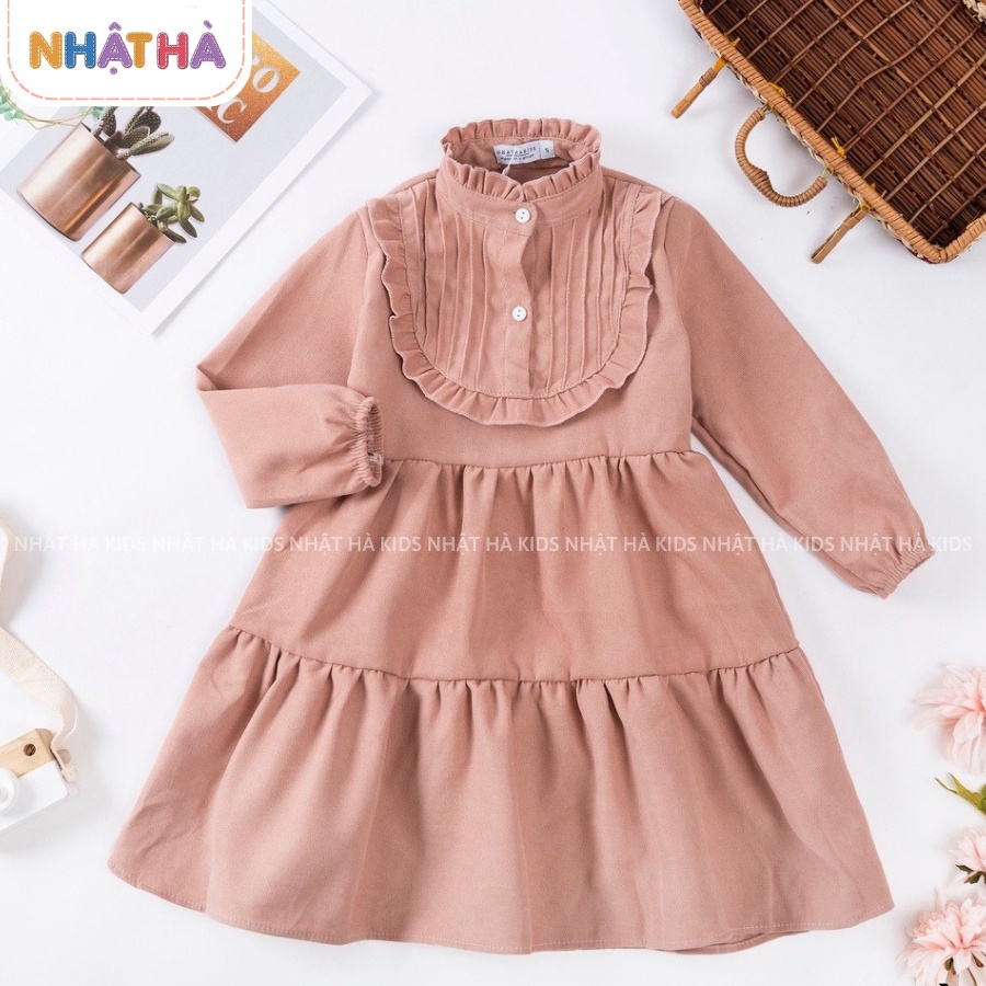 Váy nhung bé gái thu đông L1 cổ bèo tròn dáng xòe 2 tầng chất liệu nhung tăm size đại 11- 45kg