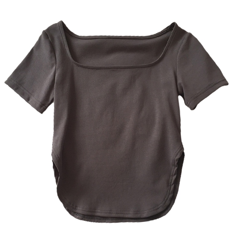 Áo Croptop Cổ Vuông Tay Ngắn Màu Trơn Xẻ Tà Viền Cong Thời Trang Mùa Hè Cho Nữ