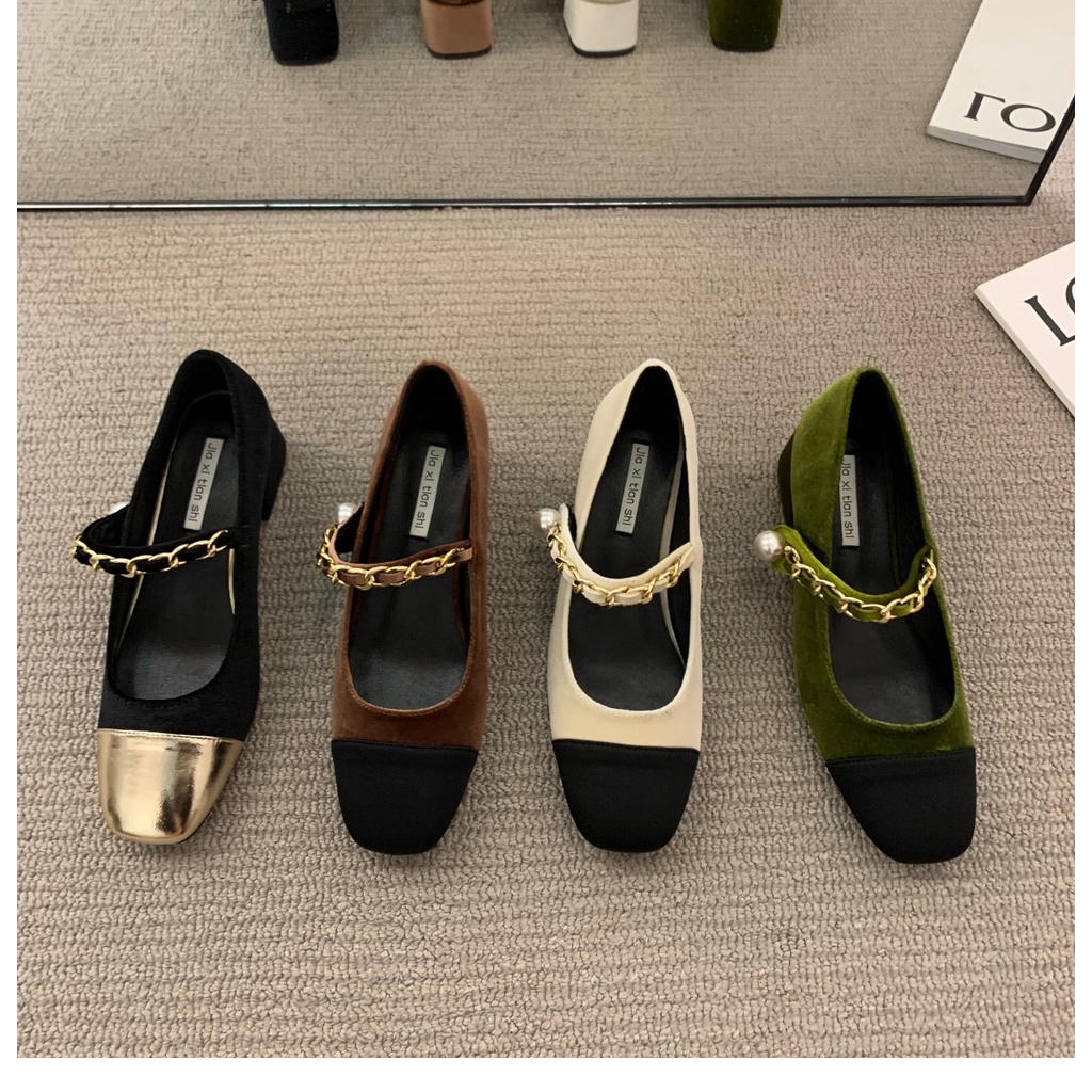 Giày Mary Jane Gót Vừa Phối Nhung Thời Trang Xuân Thu 2022 Mới Cho Nữ