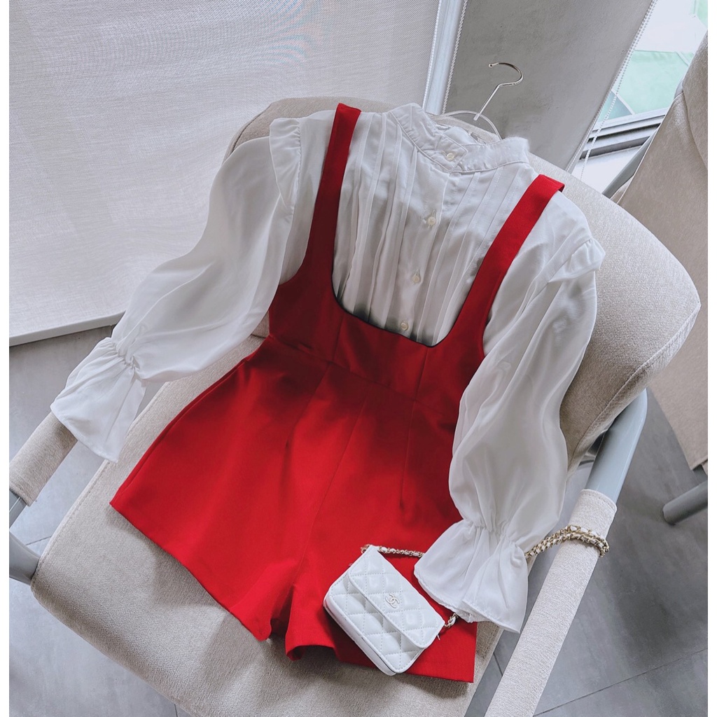 SET YẾM KÈM SƠ MI TRẮNG CỔ VIỀN BÈO 2 màu đen đỏ