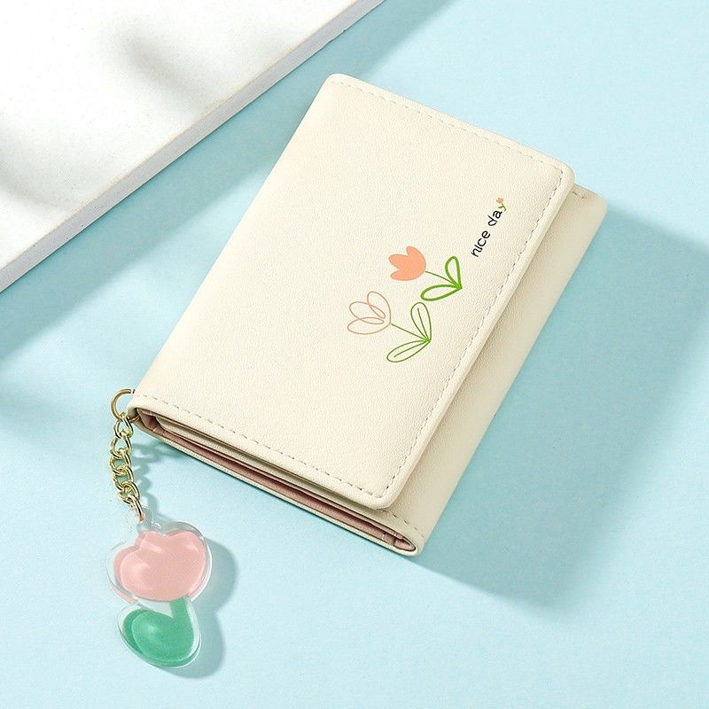 Ví Ngắn Gập Ba Thiết Kế Đơn Giản Họa Tiết Hoa Tulip Gấp cái kẹp Thẻ cái túi