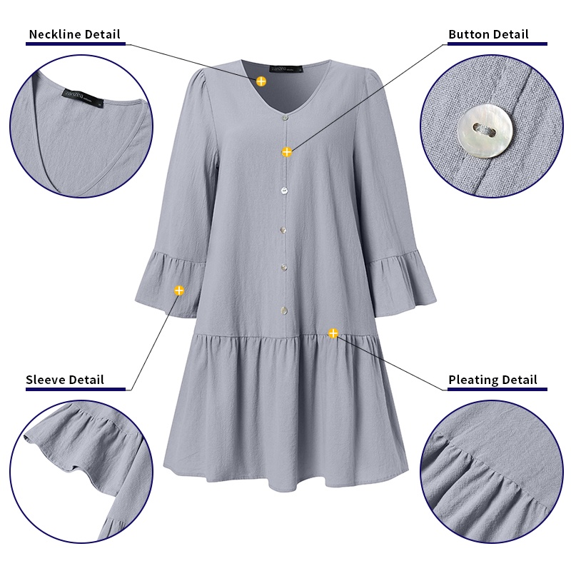 Zanzea Đầm Cotton Cổ Chữ V Phối Bèo Thời Trang Nữ Tính