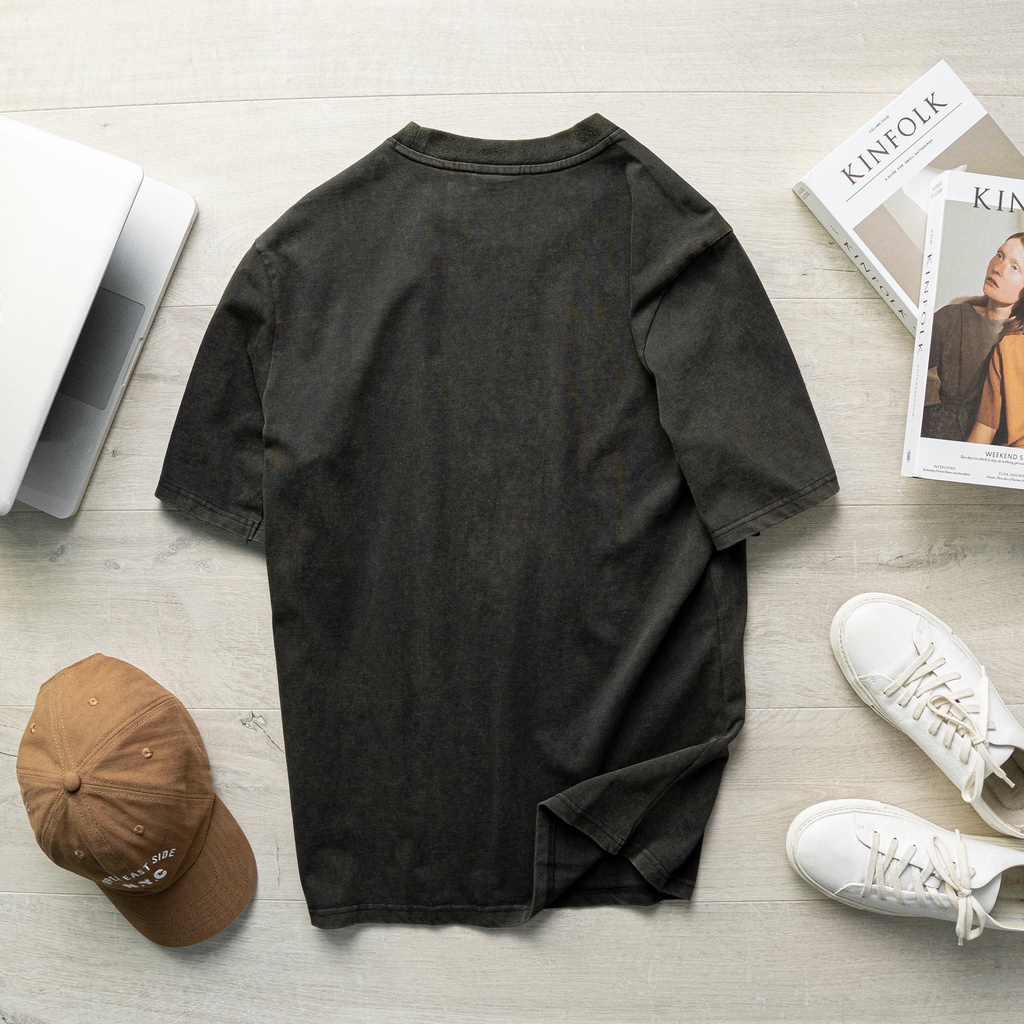 Áo thun thời trang nam, áo phông nam tay lỡ wash màu bụi cá, chất cotton dày mịn 1850