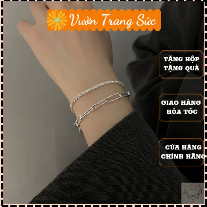 Set 2 vòng tay bạc S925 - Lắc tay bạc Ý mắt xích basic và lắc tay tuyết trắng thanh lịch Vườn Trang Sức