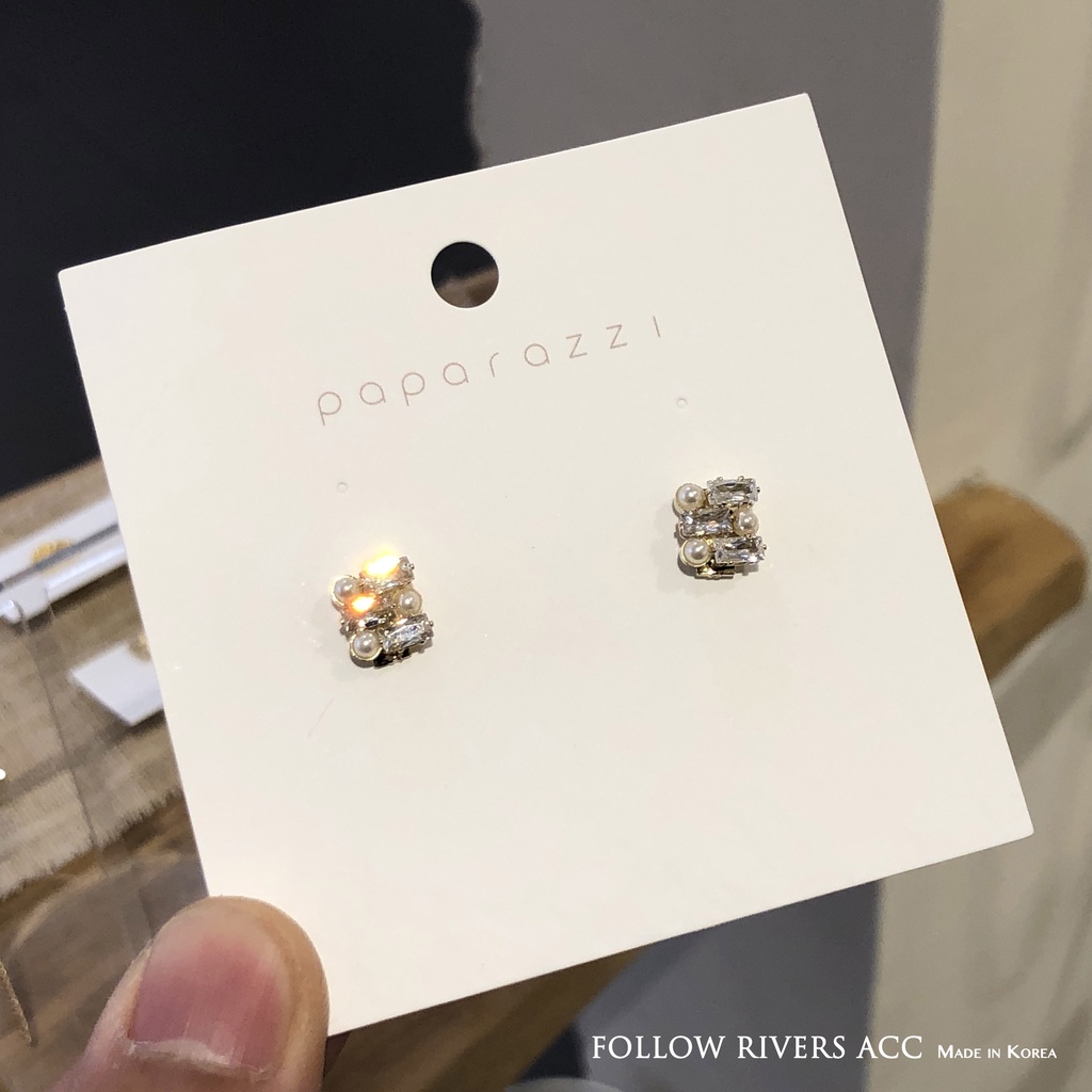 Hàn Quốc Dongdaemun I Khuyên Tai Đính Ngọc Trai Hình Vuông Nhỏ Tinh Tế Lấp Lánh