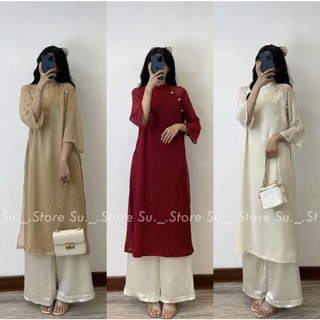 Áo dài “thanh lam” - set áo dài tết voan đính hoa 2023 dáng xuông kèm quần lụa