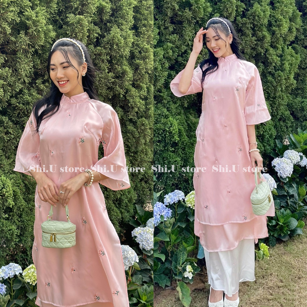 Set áo dài cách tân Tết voan tơ thêu hoa 4 tà nhiều màu xinh xắn