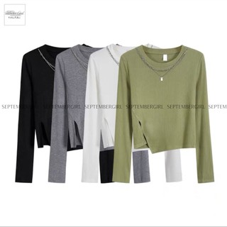 Áo kiểu nữ septembergirl áo thun dài tay sẻ vạt chéo cách điệu - ao top nu 002