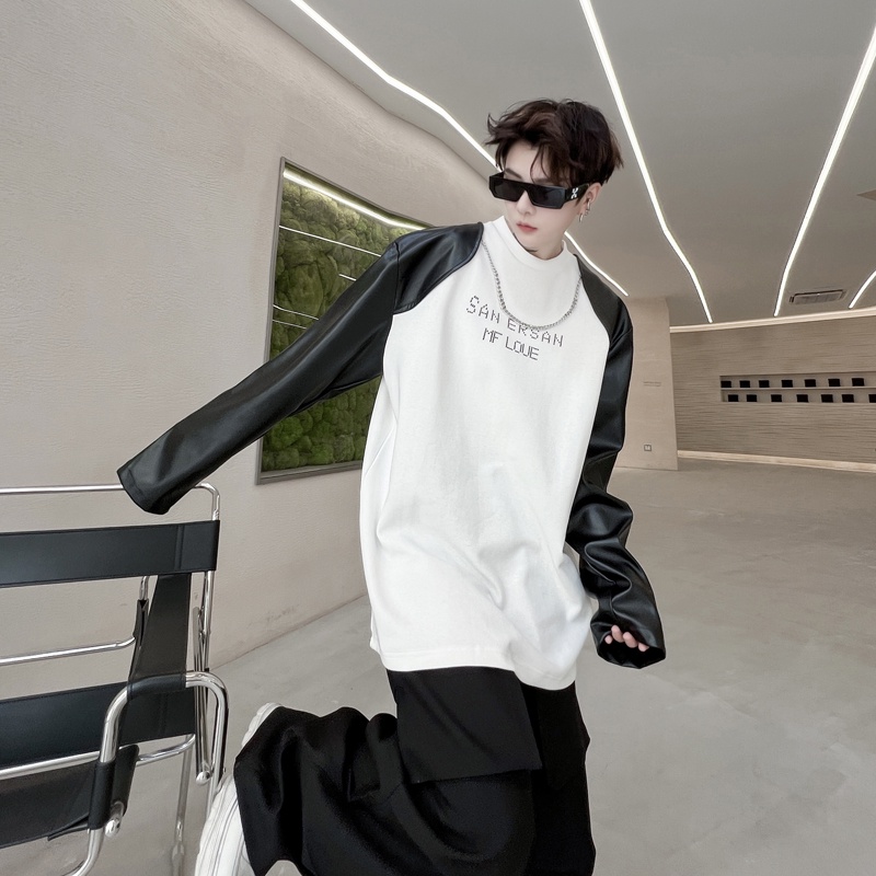 Áo Thun Tay Dài Cổ Tròn In Họa Tiết Kim Loại Phối Da Thời Trang Mùa Thu Mới Cho Nam