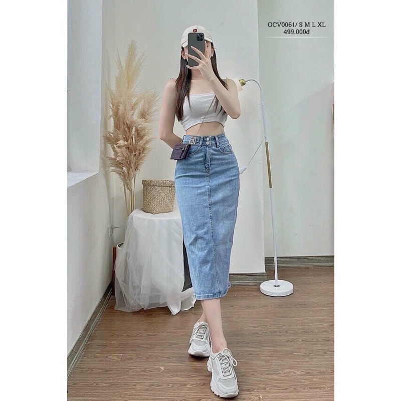 Chân váy jeans dáng dài cạp cao xẻ tà phong cách ullzang, Chân váy dài midi 2 cúc form đứng siêu xinh