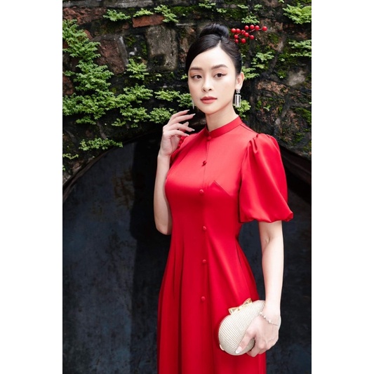 Áo dài tay ngắn TRIPBLE T DRESS đỏ phối quần đen kết nút bọc - size M/L/XL/2XL - MS06ML