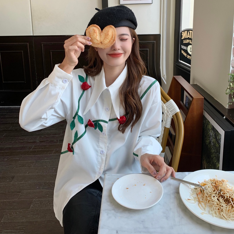 Áo sơ mi SUXI tay dài dáng rộng thiết kế đơn giản dễ phối đồ thời trang mùa thu cho nữ