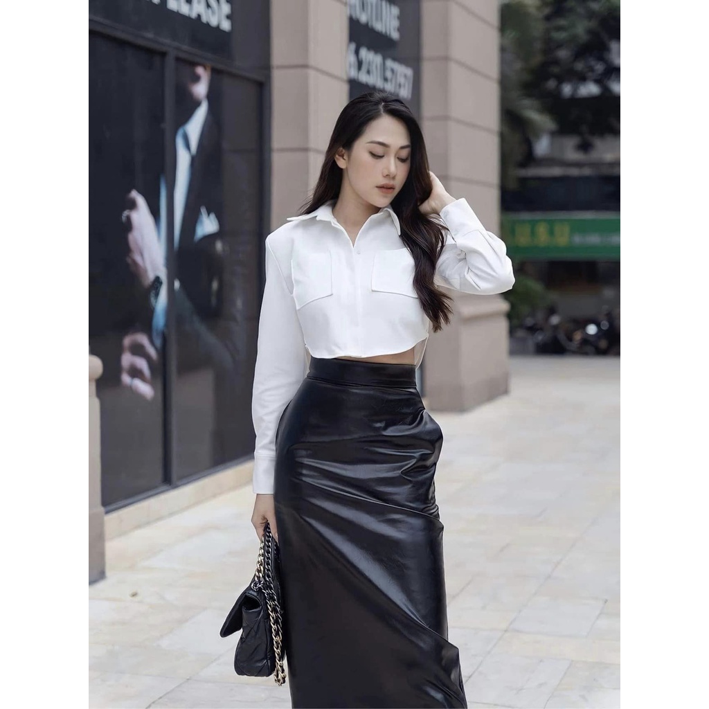 Chân Váy Da Dáng Dài Và Áo Sơ Mi Croptop Đôn Vai Eclipse Clothing